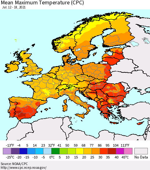 Europe Mean Maximum Temperature (CPC) Thematic Map For 7/12/2021 - 7/18/2021