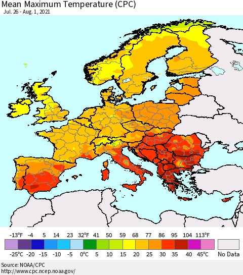 Europe Mean Maximum Temperature (CPC) Thematic Map For 7/26/2021 - 8/1/2021