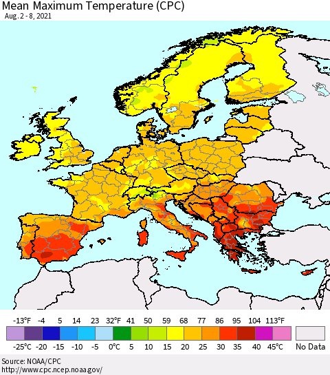 Europe Mean Maximum Temperature (CPC) Thematic Map For 8/2/2021 - 8/8/2021