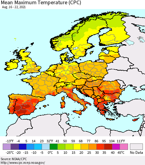 Europe Mean Maximum Temperature (CPC) Thematic Map For 8/16/2021 - 8/22/2021