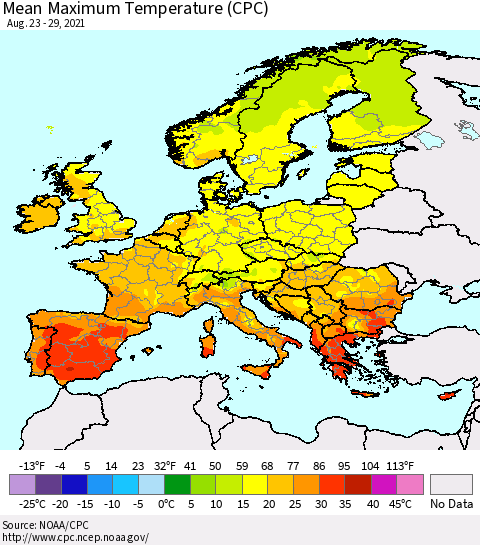 Europe Mean Maximum Temperature (CPC) Thematic Map For 8/23/2021 - 8/29/2021