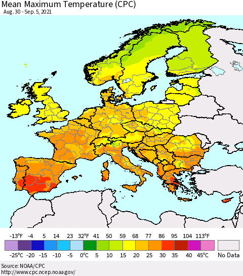 Europe Mean Maximum Temperature (CPC) Thematic Map For 8/30/2021 - 9/5/2021