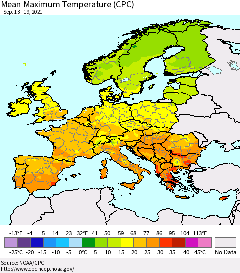 Europe Mean Maximum Temperature (CPC) Thematic Map For 9/13/2021 - 9/19/2021
