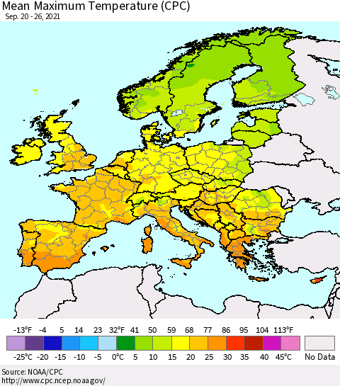 Europe Mean Maximum Temperature (CPC) Thematic Map For 9/20/2021 - 9/26/2021