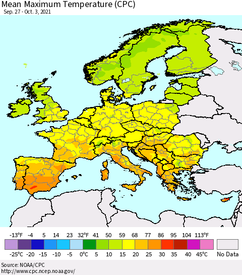 Europe Mean Maximum Temperature (CPC) Thematic Map For 9/27/2021 - 10/3/2021