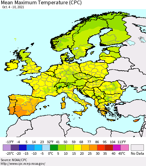 Europe Mean Maximum Temperature (CPC) Thematic Map For 10/4/2021 - 10/10/2021