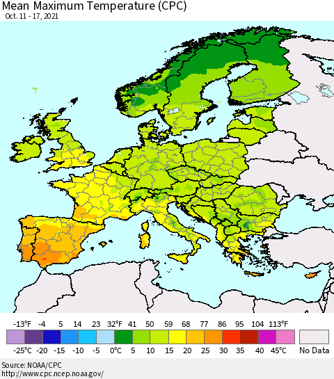Europe Mean Maximum Temperature (CPC) Thematic Map For 10/11/2021 - 10/17/2021