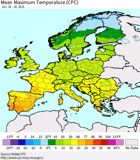 Europe Mean Maximum Temperature (CPC) Thematic Map For 10/18/2021 - 10/24/2021