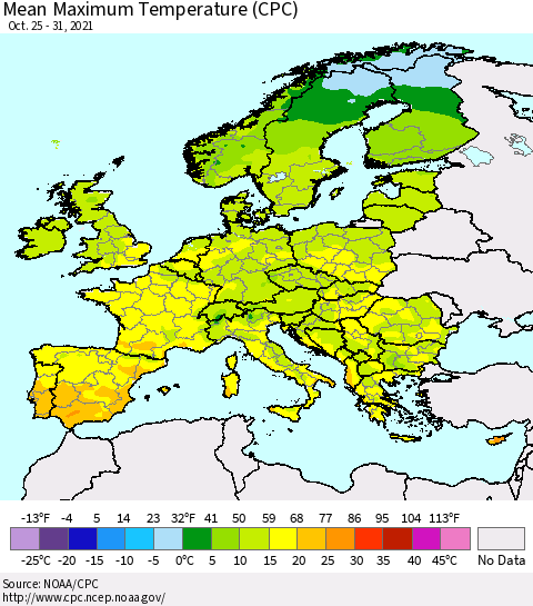 Europe Mean Maximum Temperature (CPC) Thematic Map For 10/25/2021 - 10/31/2021