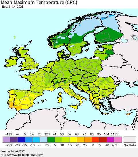 Europe Mean Maximum Temperature (CPC) Thematic Map For 11/8/2021 - 11/14/2021