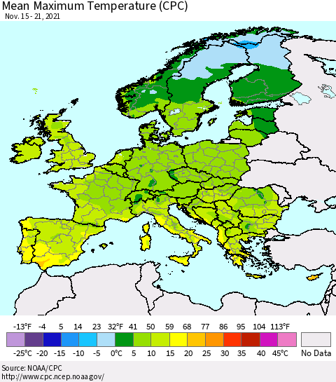 Europe Mean Maximum Temperature (CPC) Thematic Map For 11/15/2021 - 11/21/2021