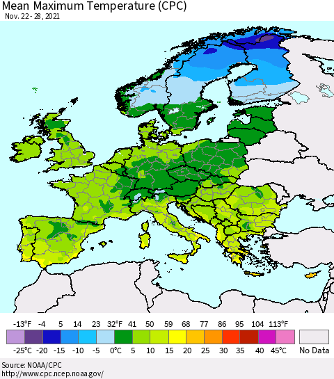 Europe Mean Maximum Temperature (CPC) Thematic Map For 11/22/2021 - 11/28/2021