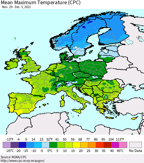 Europe Mean Maximum Temperature (CPC) Thematic Map For 11/29/2021 - 12/5/2021