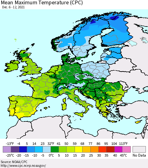 Europe Mean Maximum Temperature (CPC) Thematic Map For 12/6/2021 - 12/12/2021