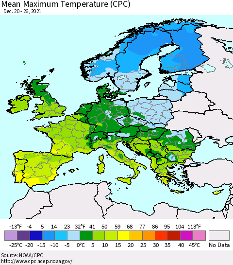 Europe Mean Maximum Temperature (CPC) Thematic Map For 12/20/2021 - 12/26/2021