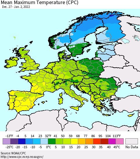 Europe Mean Maximum Temperature (CPC) Thematic Map For 12/27/2021 - 1/2/2022