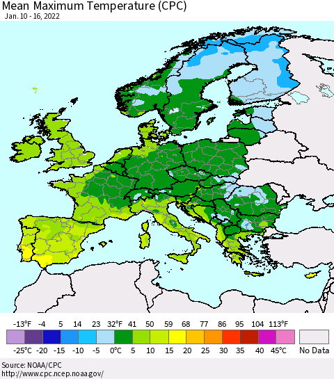 Europe Mean Maximum Temperature (CPC) Thematic Map For 1/10/2022 - 1/16/2022