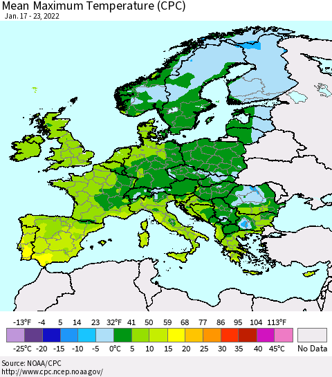 Europe Mean Maximum Temperature (CPC) Thematic Map For 1/17/2022 - 1/23/2022