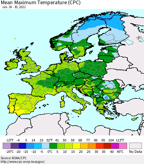 Europe Mean Maximum Temperature (CPC) Thematic Map For 1/24/2022 - 1/30/2022