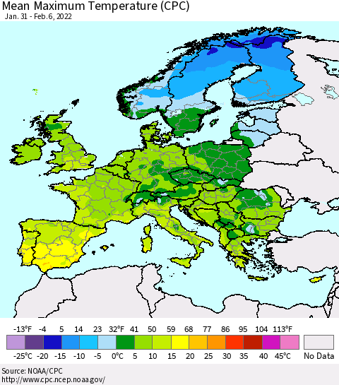 Europe Mean Maximum Temperature (CPC) Thematic Map For 1/31/2022 - 2/6/2022