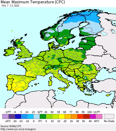Europe Mean Maximum Temperature (CPC) Thematic Map For 2/7/2022 - 2/13/2022