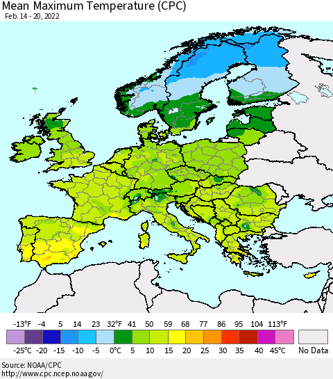 Europe Mean Maximum Temperature (CPC) Thematic Map For 2/14/2022 - 2/20/2022