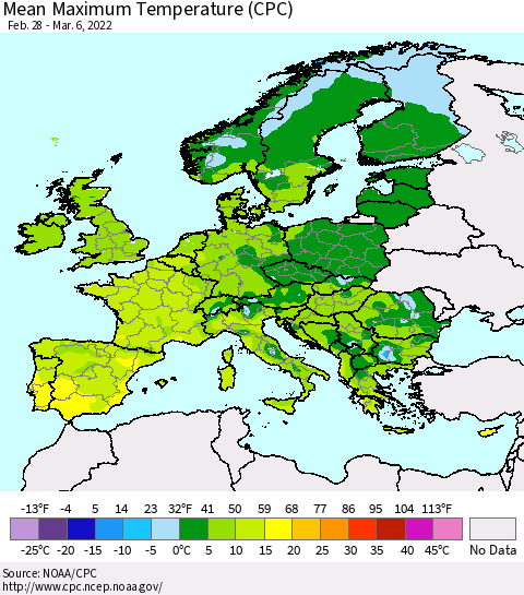 Europe Mean Maximum Temperature (CPC) Thematic Map For 2/28/2022 - 3/6/2022