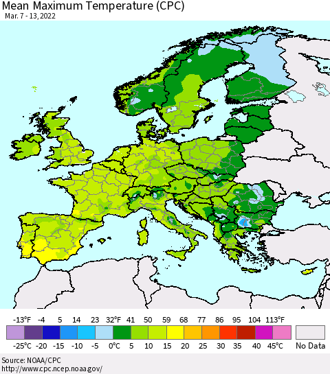 Europe Mean Maximum Temperature (CPC) Thematic Map For 3/7/2022 - 3/13/2022