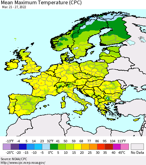 Europe Mean Maximum Temperature (CPC) Thematic Map For 3/21/2022 - 3/27/2022
