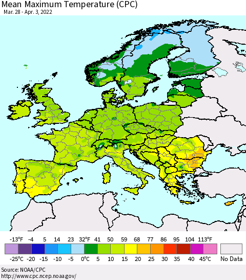Europe Mean Maximum Temperature (CPC) Thematic Map For 3/28/2022 - 4/3/2022