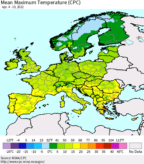 Europe Mean Maximum Temperature (CPC) Thematic Map For 4/4/2022 - 4/10/2022