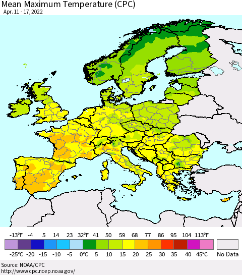 Europe Mean Maximum Temperature (CPC) Thematic Map For 4/11/2022 - 4/17/2022
