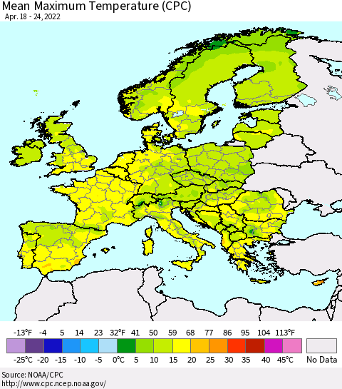 Europe Mean Maximum Temperature (CPC) Thematic Map For 4/18/2022 - 4/24/2022