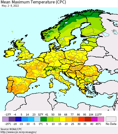 Europe Mean Maximum Temperature (CPC) Thematic Map For 5/2/2022 - 5/8/2022