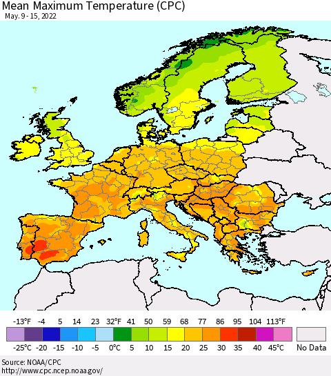 Europe Mean Maximum Temperature (CPC) Thematic Map For 5/9/2022 - 5/15/2022