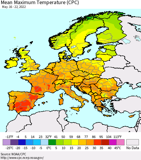 Europe Mean Maximum Temperature (CPC) Thematic Map For 5/16/2022 - 5/22/2022