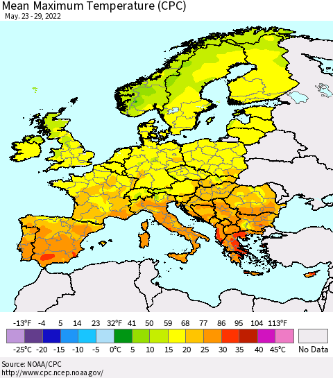 Europe Mean Maximum Temperature (CPC) Thematic Map For 5/23/2022 - 5/29/2022