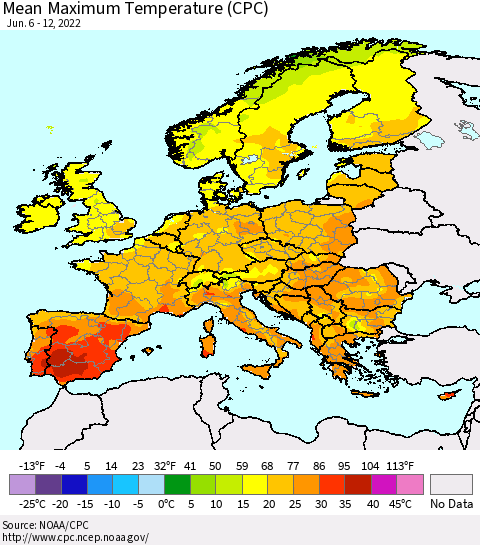 Europe Mean Maximum Temperature (CPC) Thematic Map For 6/6/2022 - 6/12/2022