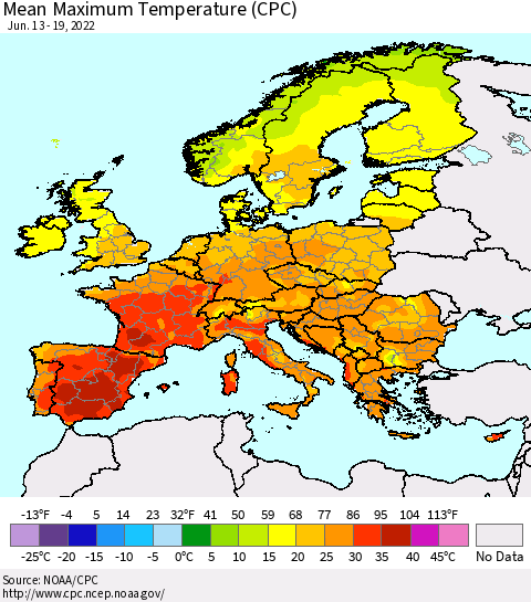 Europe Mean Maximum Temperature (CPC) Thematic Map For 6/13/2022 - 6/19/2022