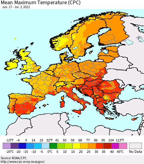 Europe Mean Maximum Temperature (CPC) Thematic Map For 6/27/2022 - 7/3/2022