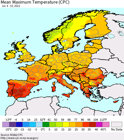 Europe Mean Maximum Temperature (CPC) Thematic Map For 7/4/2022 - 7/10/2022