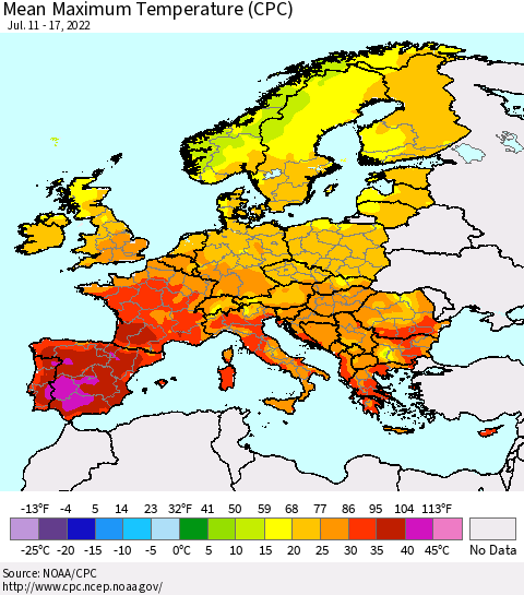 Europe Mean Maximum Temperature (CPC) Thematic Map For 7/11/2022 - 7/17/2022