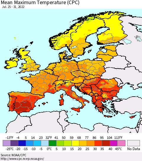 Europe Mean Maximum Temperature (CPC) Thematic Map For 7/25/2022 - 7/31/2022