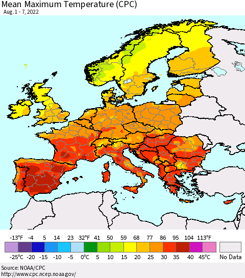 Europe Mean Maximum Temperature (CPC) Thematic Map For 8/1/2022 - 8/7/2022