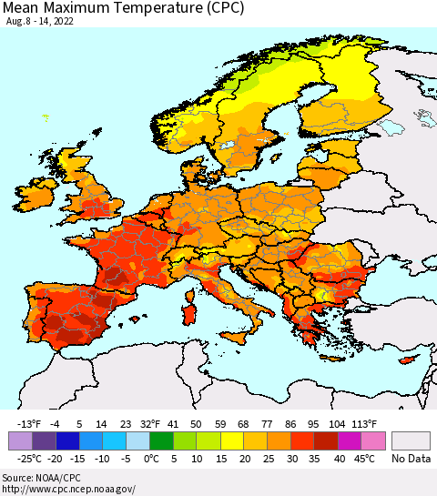 Europe Mean Maximum Temperature (CPC) Thematic Map For 8/8/2022 - 8/14/2022