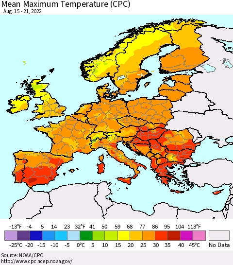 Europe Mean Maximum Temperature (CPC) Thematic Map For 8/15/2022 - 8/21/2022
