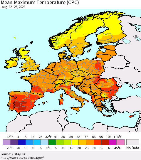 Europe Mean Maximum Temperature (CPC) Thematic Map For 8/22/2022 - 8/28/2022