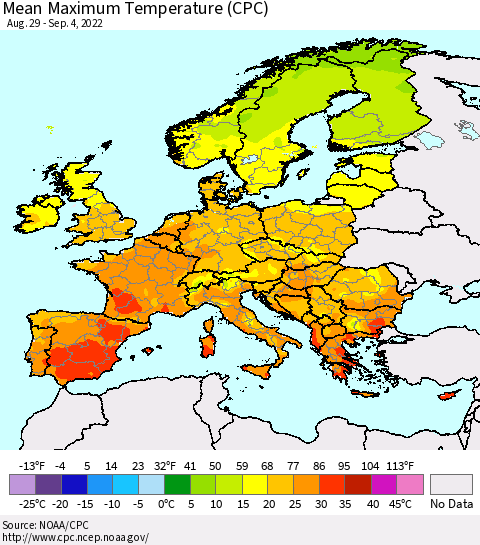 Europe Mean Maximum Temperature (CPC) Thematic Map For 8/29/2022 - 9/4/2022