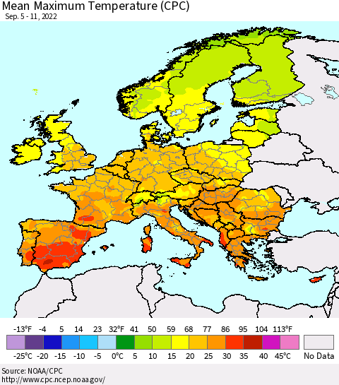 Europe Mean Maximum Temperature (CPC) Thematic Map For 9/5/2022 - 9/11/2022