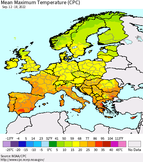 Europe Mean Maximum Temperature (CPC) Thematic Map For 9/12/2022 - 9/18/2022